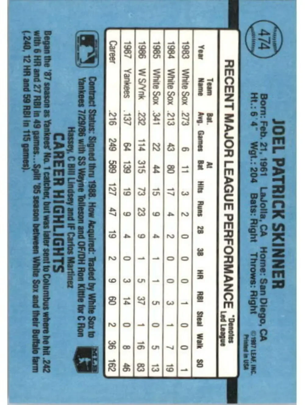 1988 Joel Skinner Donruss Baseball Card #474